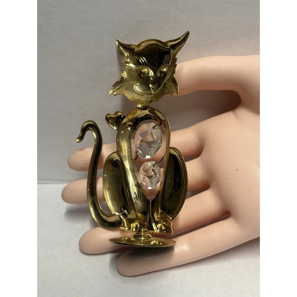 Cat Kitty 24 Gold Plated Austrian Crystal Figurine Mascot‎ USA Pink Eyes 4 in